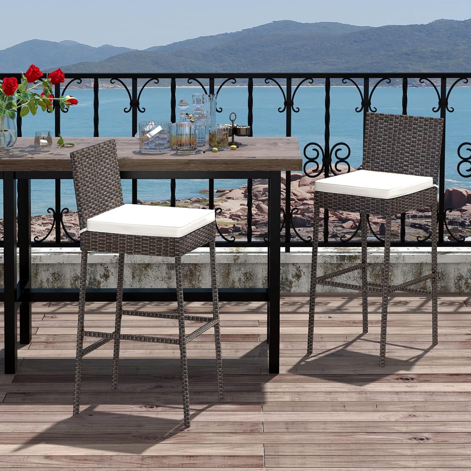 RELAX4LIFE Outdoor Bar Stools Set of 2 - Wicker Rattan Patio Barstools Tall Chairs w/Back, Footrest, Seat Cushions & Metal Frame, 400LBS Weight Capacity, 30’’ Counter Height Bar Stools (1, Mix Brown)