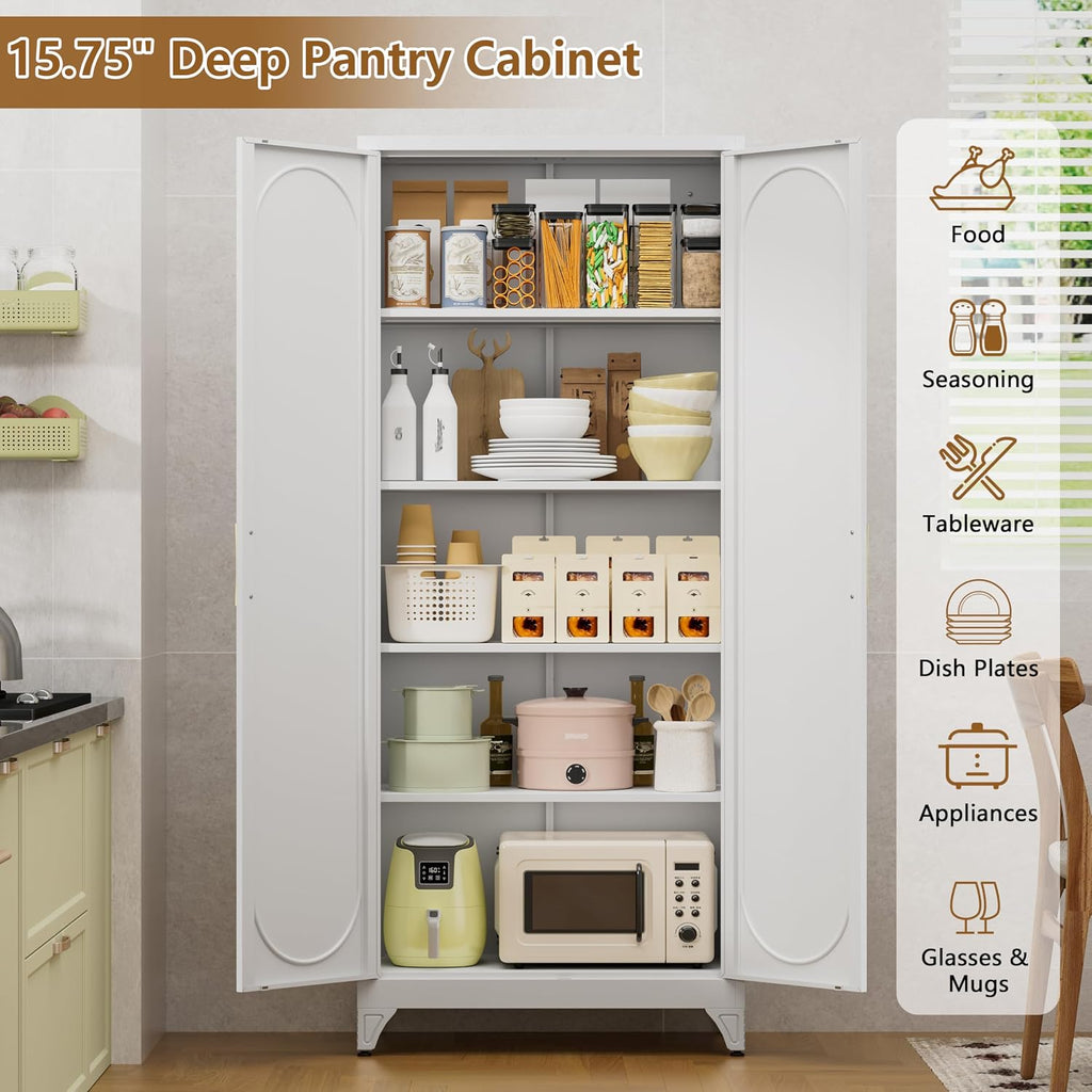 Polup Metal Storage Cabinet with Doors and Shelves, 75 Inch Tall Kitchen Pantry Cabinet, Pantry Cabinets for Kitchen Storage, Freestanding Cupboard for Living, Dining Room, White, Assembly Required