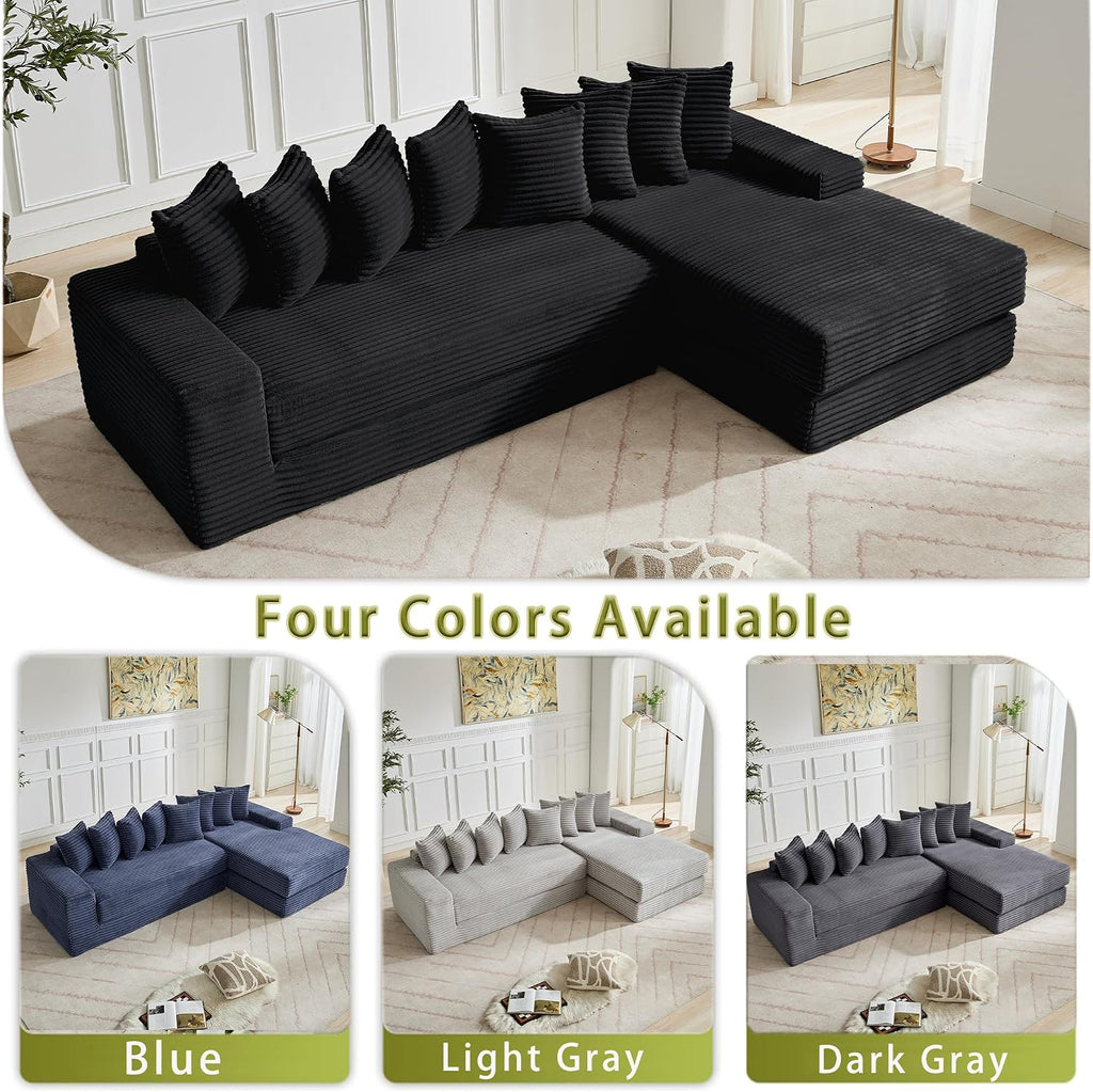 110'' Boneless Couch, Modern Corduroy Couch, Convertible Sleeper Sofa Bed Full, Right L-Shaped Floor Sofa, 8 Pillows, 2 Movable Pockets, Sectional Couches for Living Room, Apartment, Black