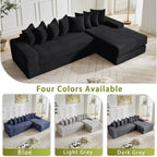 110'' Boneless Couch, Modern Corduroy Couch, Convertible Sleeper Sofa Bed Full, Right L-Shaped Floor Sofa, 8 Pillows, 2 Movable Pockets, Sectional Couches for Living Room, Apartment, Black