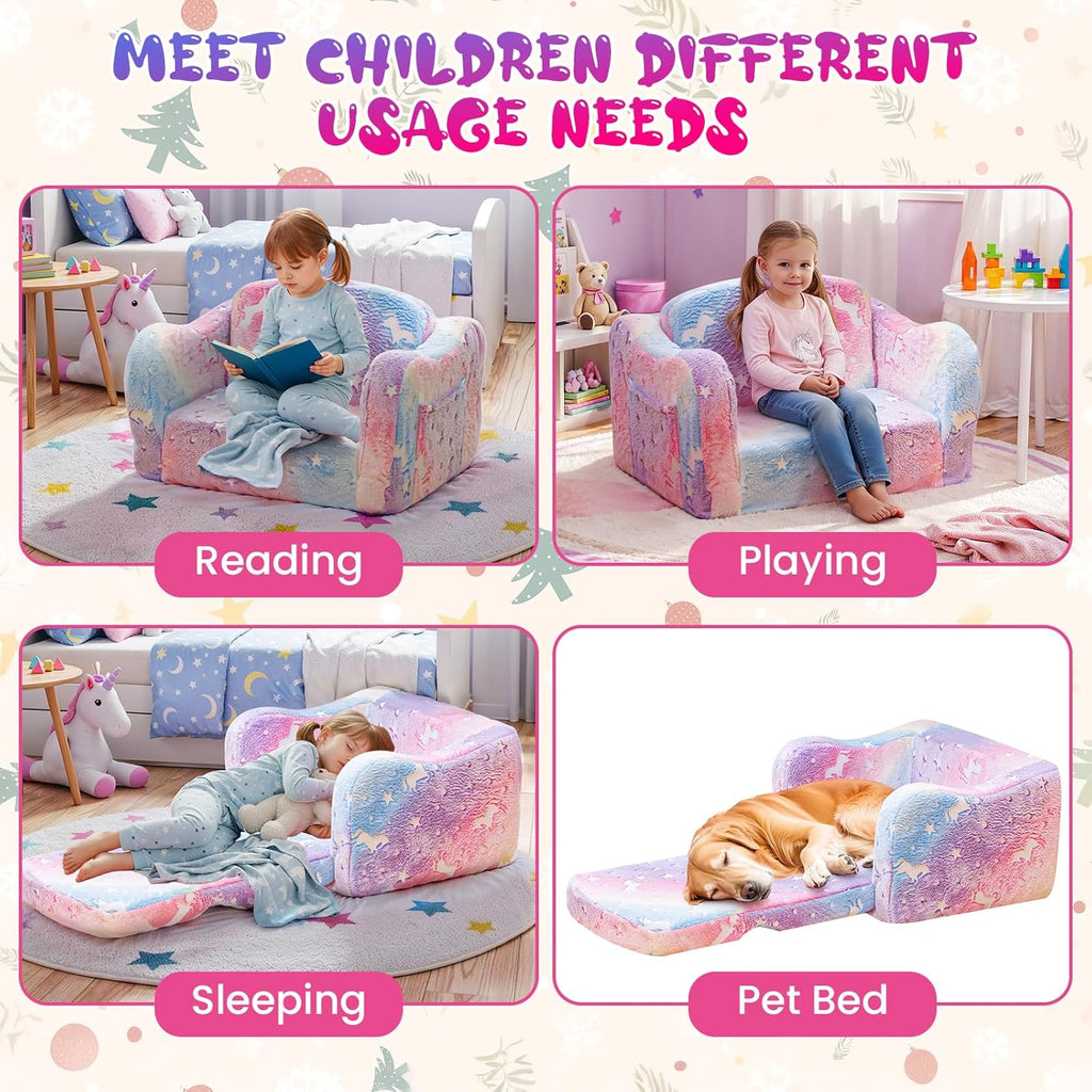 Lamerge 2-in-1 Toddler Couch,Glow in The Dark Baby Floor Bed,Foldable Toddler Chair Kids Sofa for playroom,Convertible Sofa to Lounger for Girls and Boys (Rainbow and Unicorn)