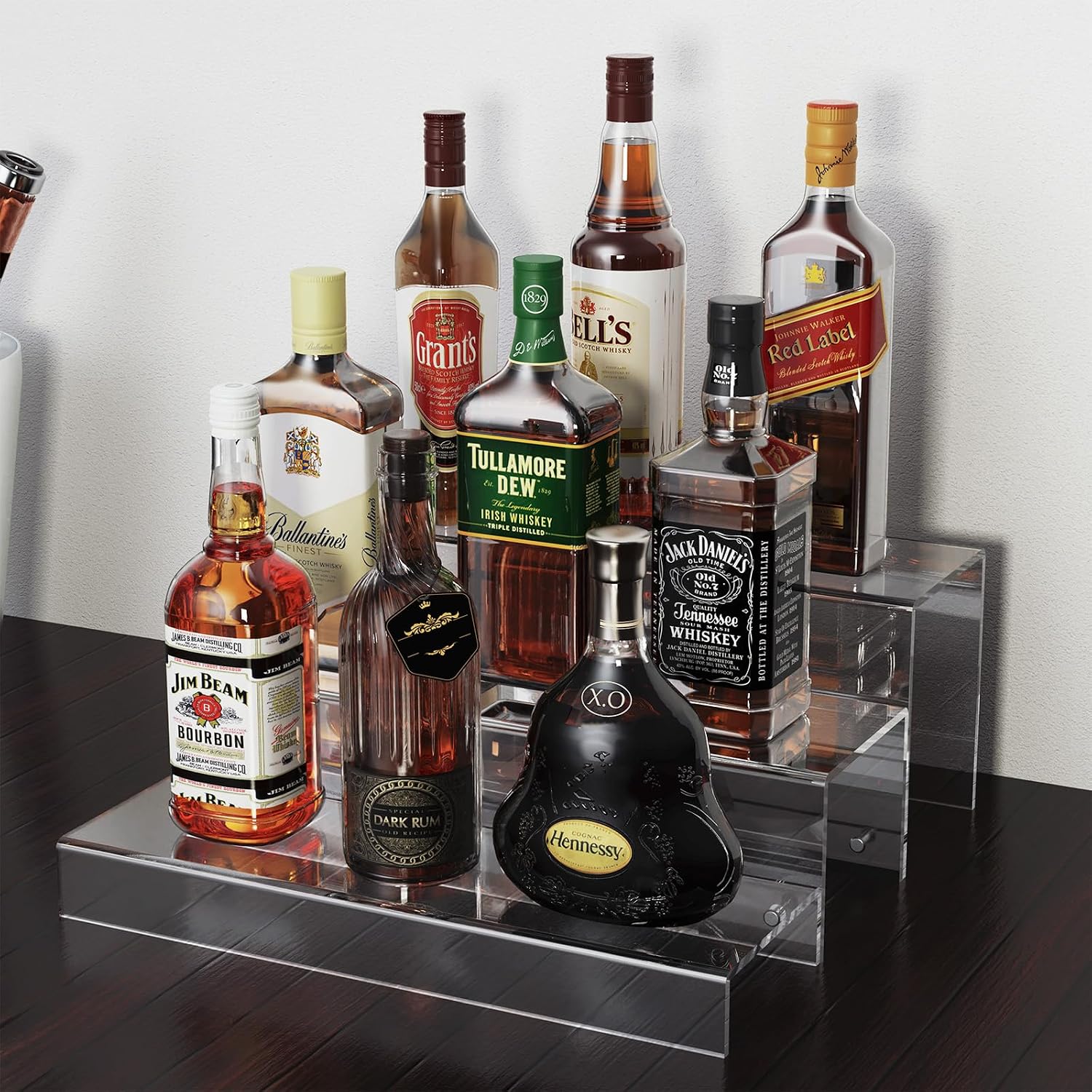 JUESHA 3 Tiers Bar Shelves for Liquor Bottles (Patent: D1076520S) | 15" Bar Organizer for Countertop, Clear Acrylic Risers Display Racks Stands for Figures Pops Cupcake Perfume Collections