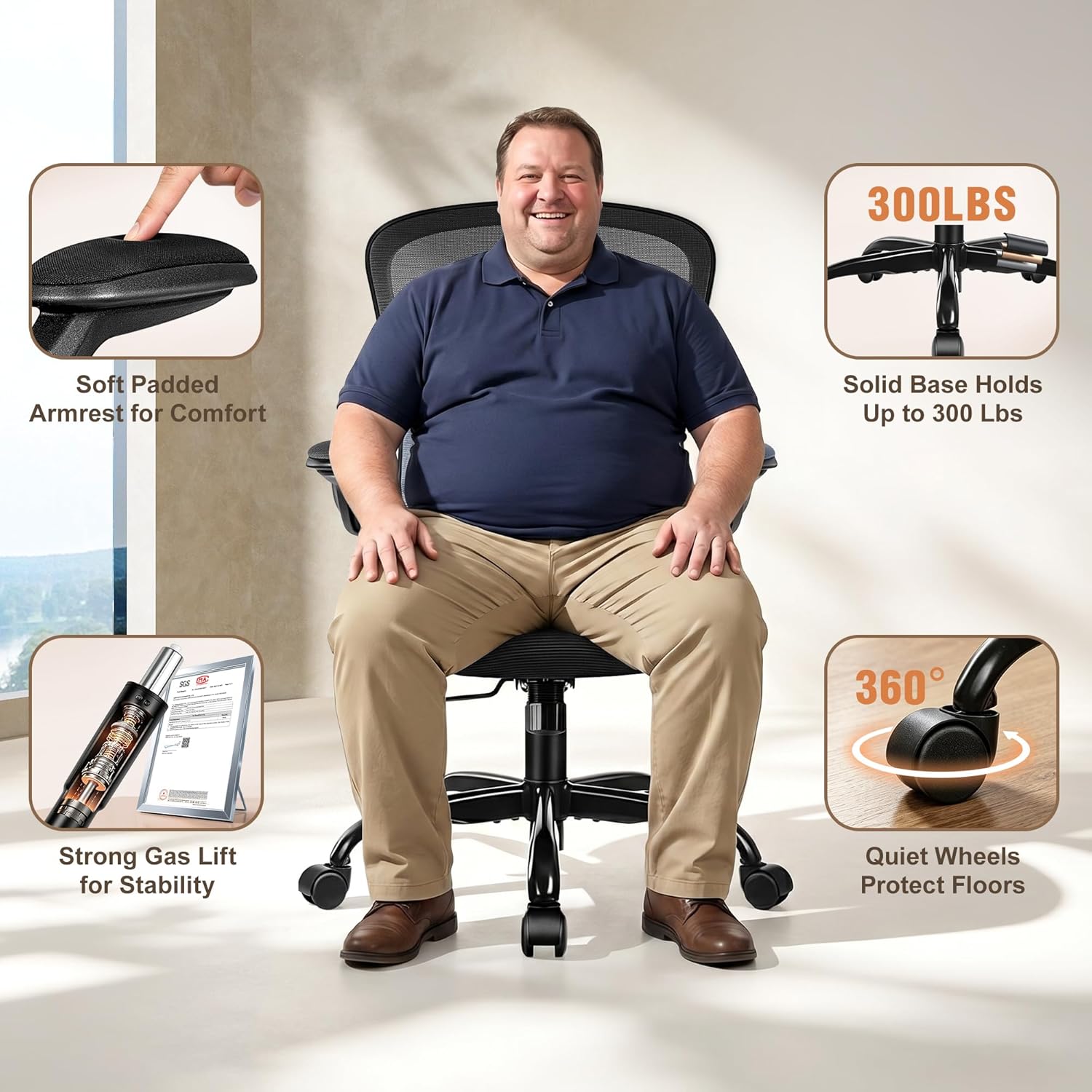 FelixKing Office Chair, Ergonomic Desk Chair with Wheels, Adjustable Lumbar Support & Height, 360° Swivel Mesh Computer Chair with Flip-up Arms (Black)