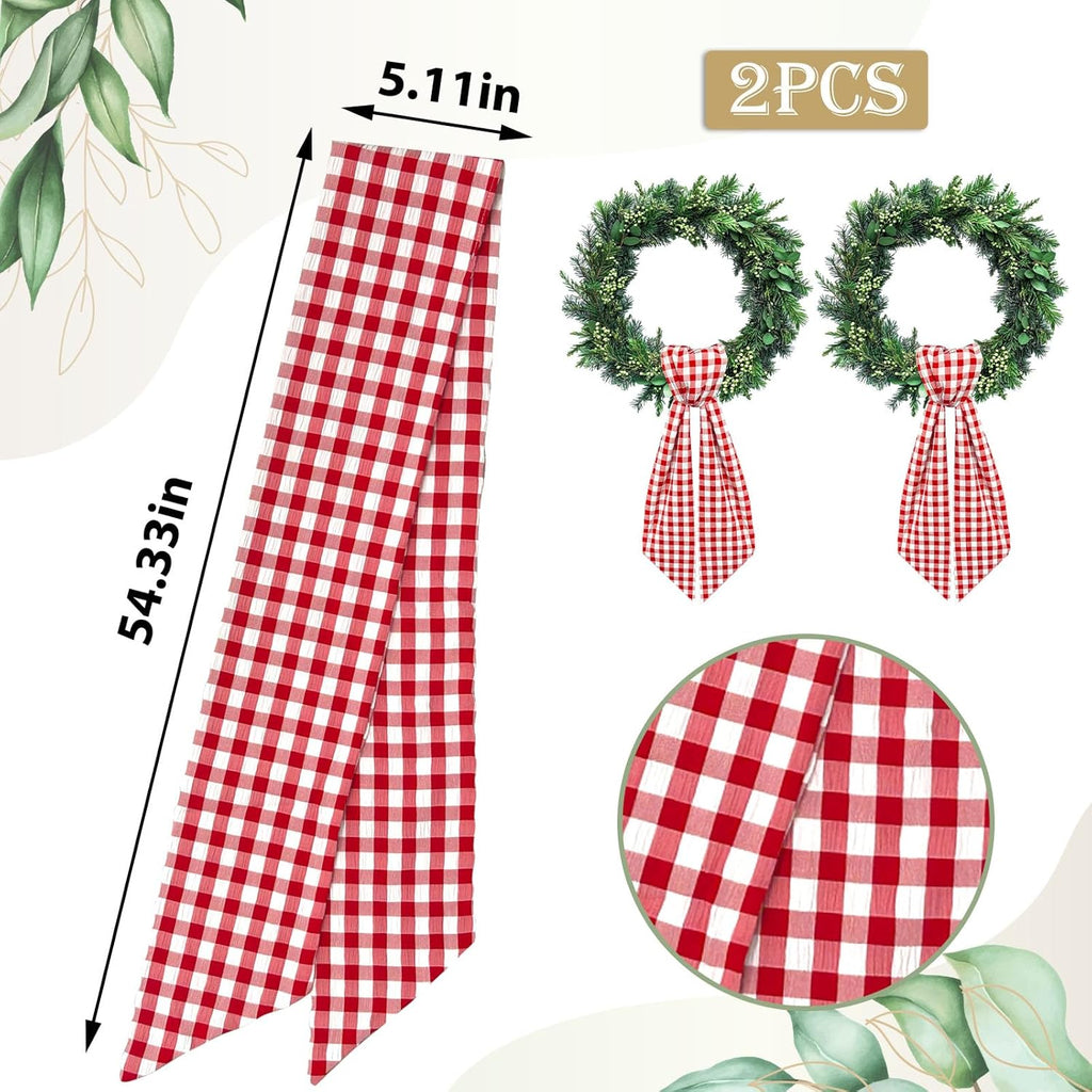 2pcs Wreath Sash for Front Door Red Buffalo Plaid Seersucker Wreath Satin Sash Burlap Garland Ribbon Accessories for Wreath Yard Doorway Indoor Outdoor Bridal Shower Home Decor,5.1 x 54.3