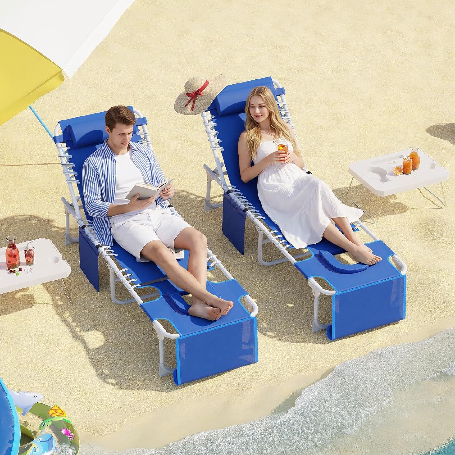 Garvee Tanning Chair with Face Hole, 3-in-1 Outside Beach Lounge Chair with Folding Table, 5 Reclining Positions and Removable Pillow, for Beach, Pool, Patio, Garden -Max 330lbs (Blue)