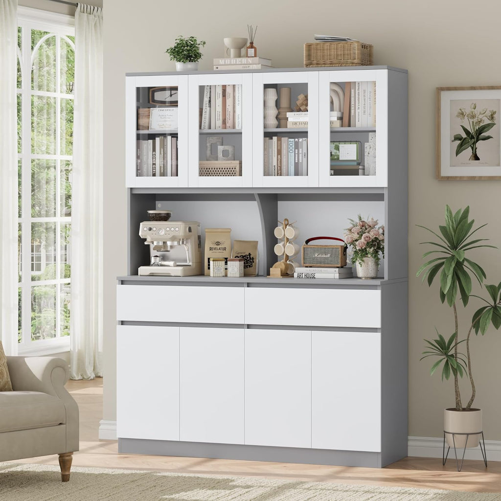 Keyluv 75" x 55" Kitchen Pantry Storage Cabinet with Glass Doors and Drawers, Wide China Cabinet Hutch with Microwave Stand Coffee Bar, Food Pantry with Hutch Shelf for Dining Room, White/Grey