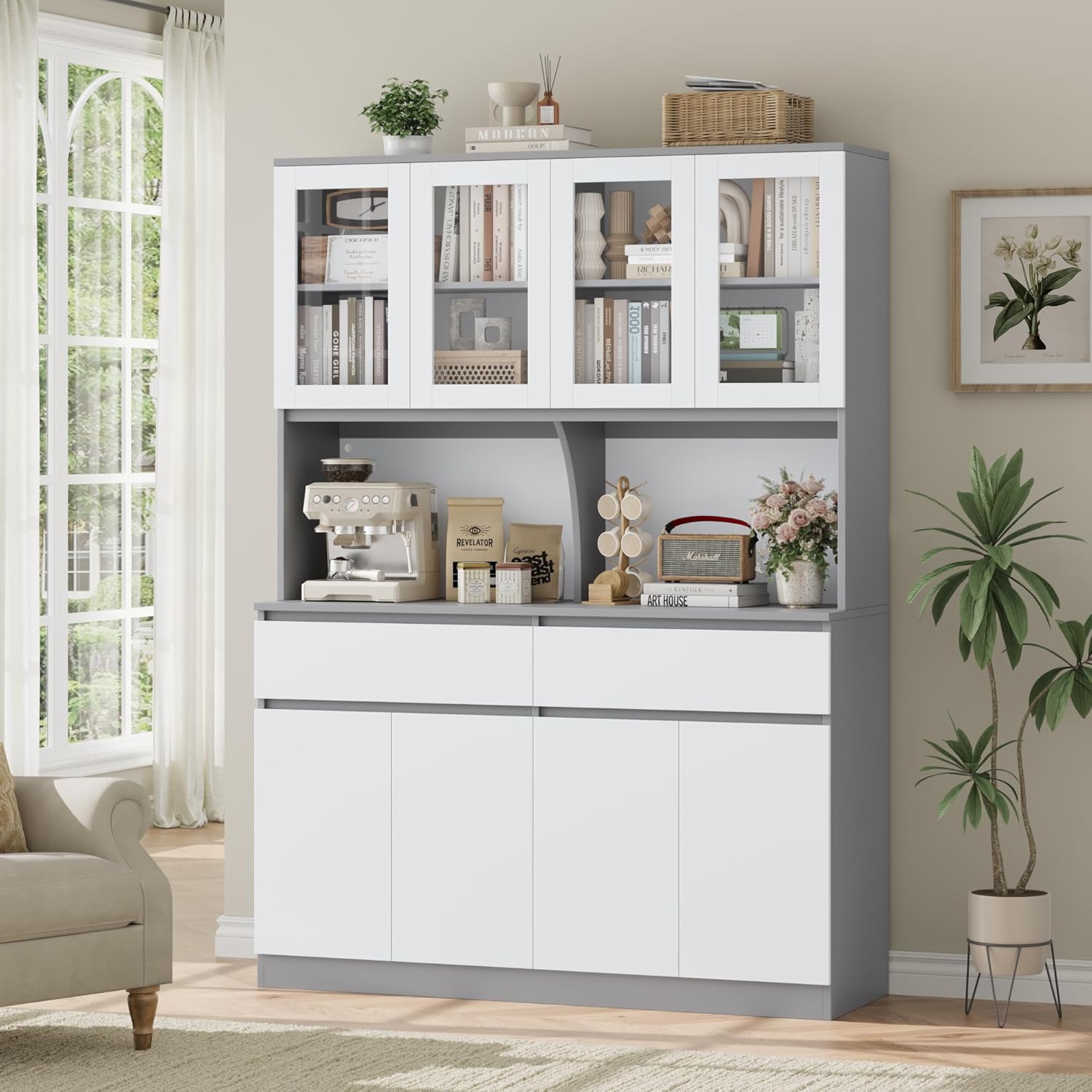 Keyluv 75" x 55" Kitchen Pantry Storage Cabinet with Glass Doors and Drawers, Wide China Cabinet Hutch with Microwave Stand Coffee Bar, Food Pantry with Hutch Shelf for Dining Room, White/Grey