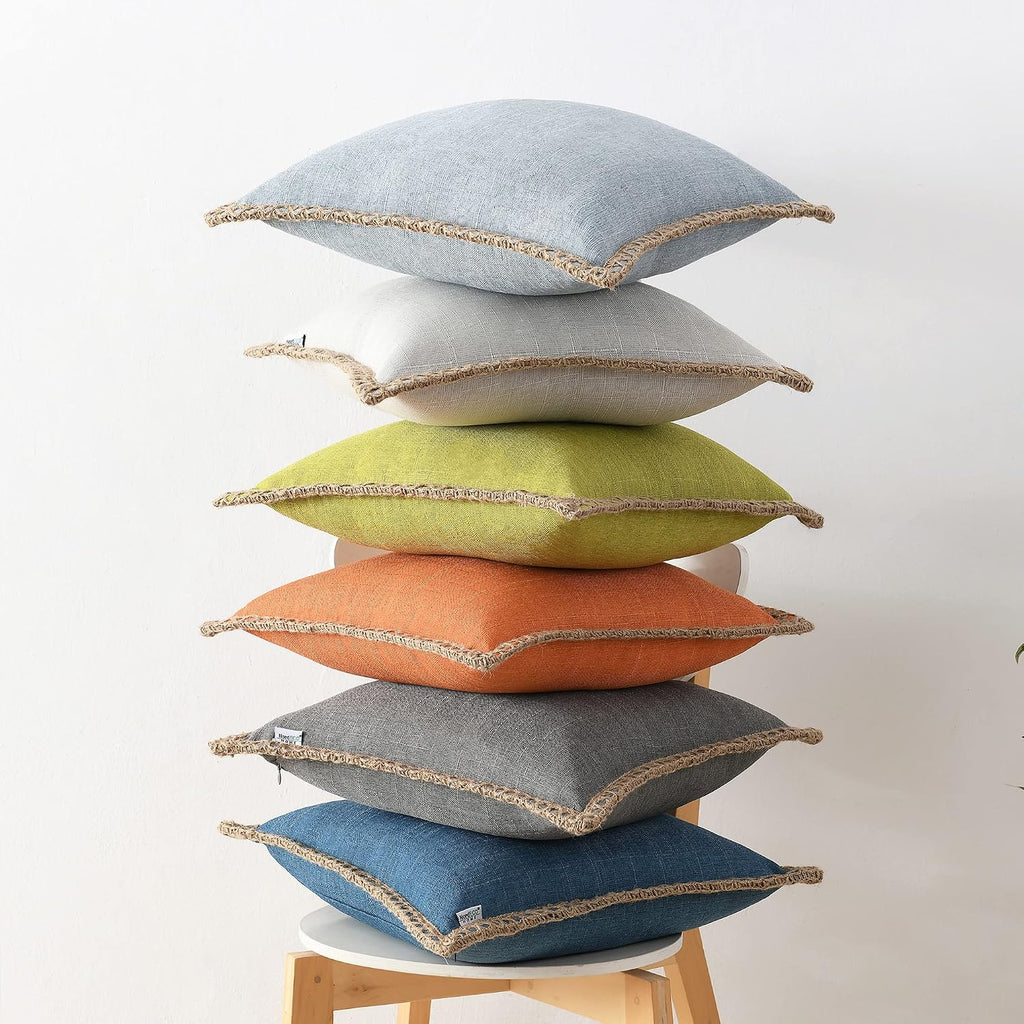 NordECO HOME Set of 2 Farmhouse Throw Pillow Covers - Burlap Linen Trimmed Tailored Edges Decorative Cushion Covers for Bed Home Decoration (Oatmeal/Linen Band, 2 Pieces, 20" x20")