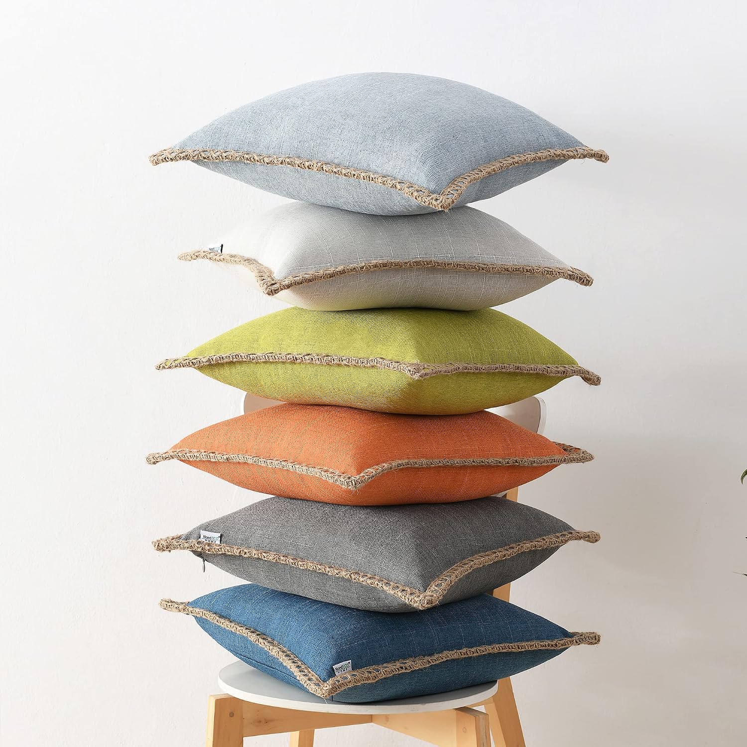 NordECO HOME Set of 2 Farmhouse Throw Pillow Covers - Burlap Linen Trimmed Tailored Edges Decorative Cushion Covers for Bed Home Decoration (Oatmeal/Linen Band, 2 Pieces, 20" x20")