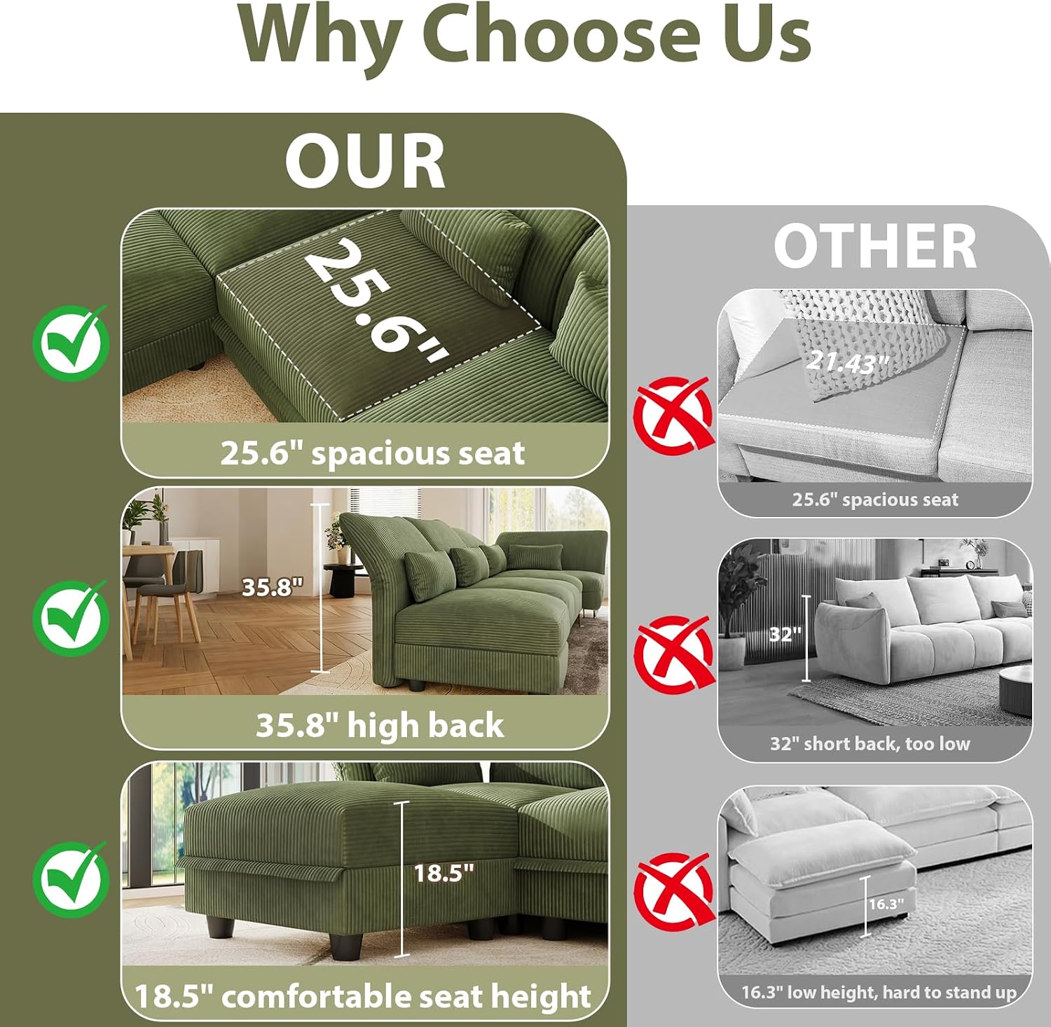 LLappuil Corduroy Sectional Sofa with Storage Ottoman, L Shaped Modular Sectional Couches for Living Room with Adjustable Arms Backs, Plush Supportive Cushions, 6 Seat, Green | Tool Free Assembly