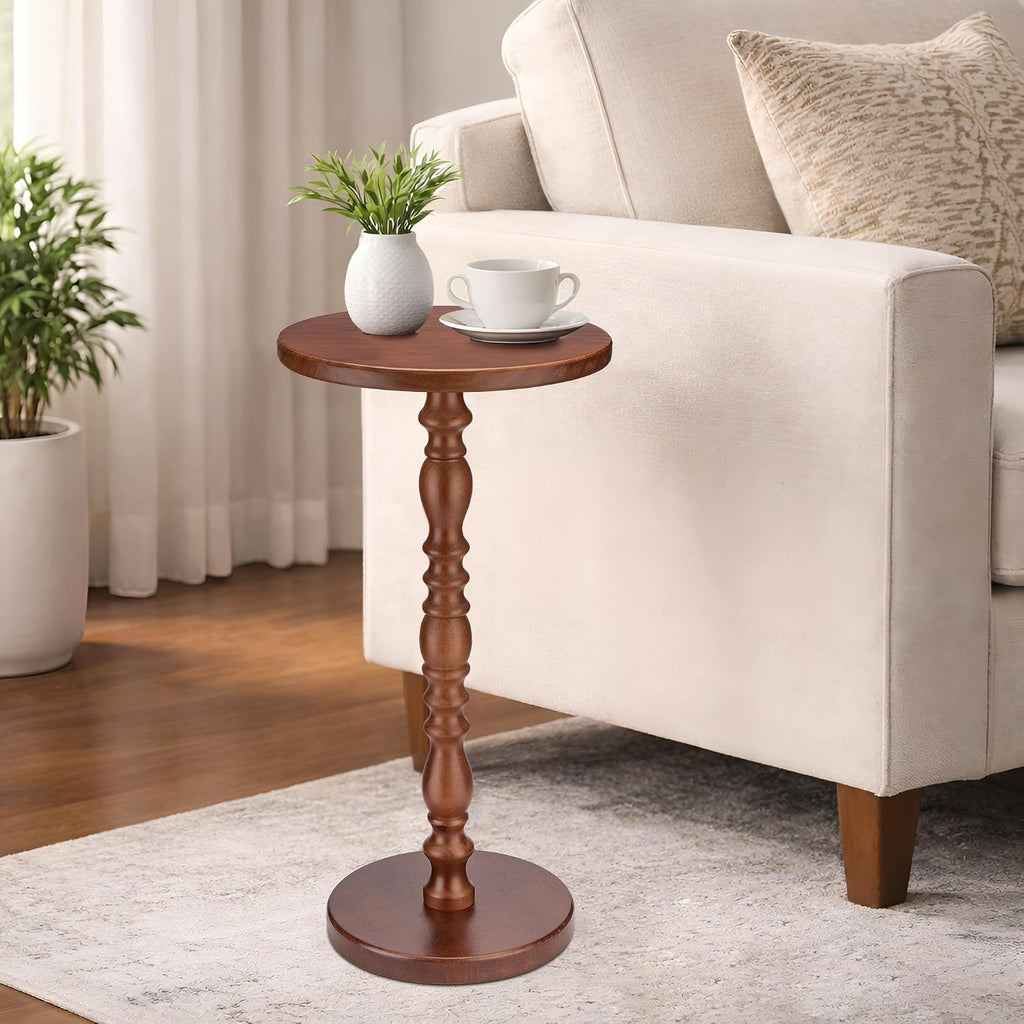 Solid Wood Round Side Table, Rustic Pedestal Drink Table for Small Spaces, Accent Nightstand Table for Living Room, Bedroom, Corners, and Office, Brown