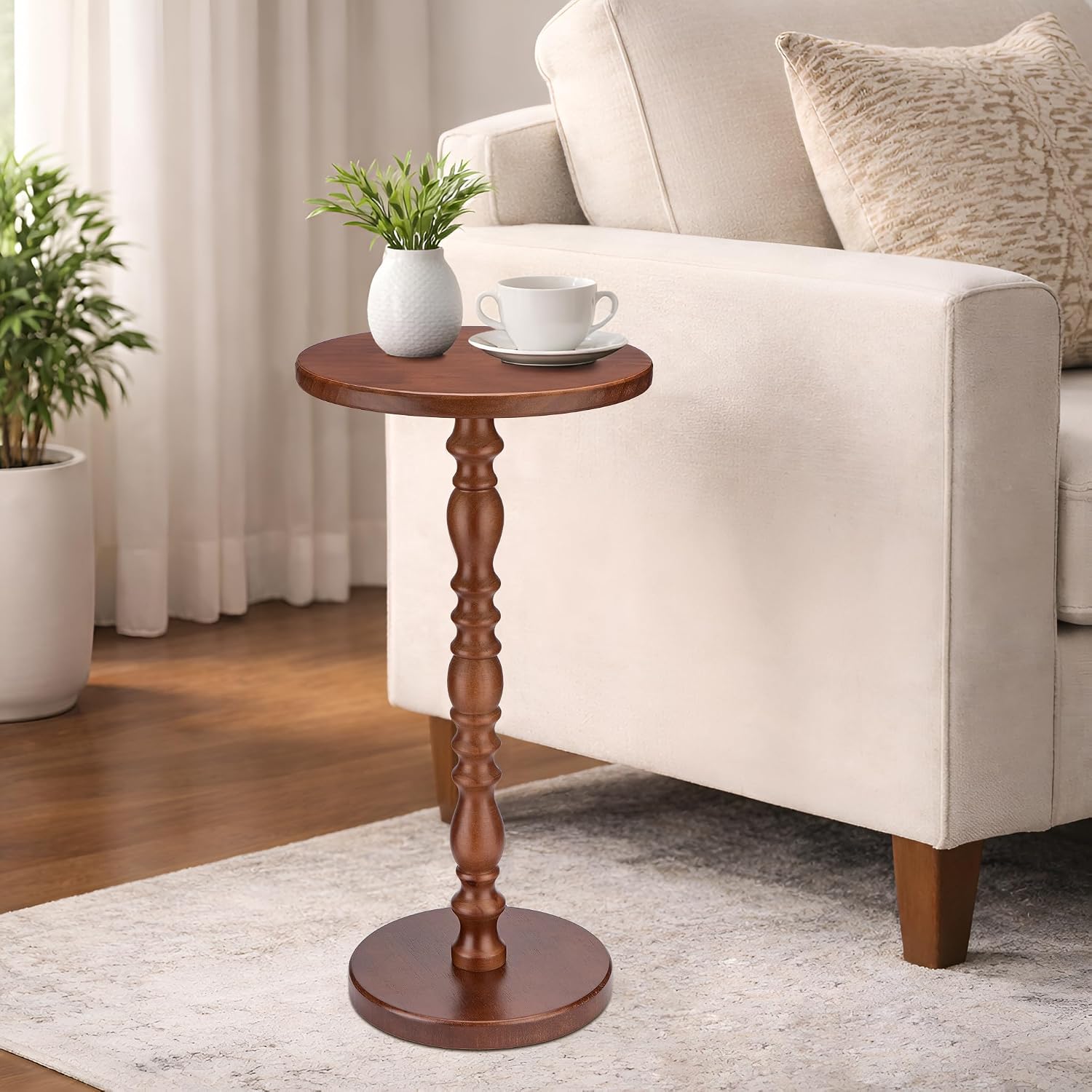 Solid Wood Round Side Table, Rustic Pedestal Drink Table for Small Spaces, Accent Nightstand Table for Living Room, Bedroom, Corners, and Office, Brown