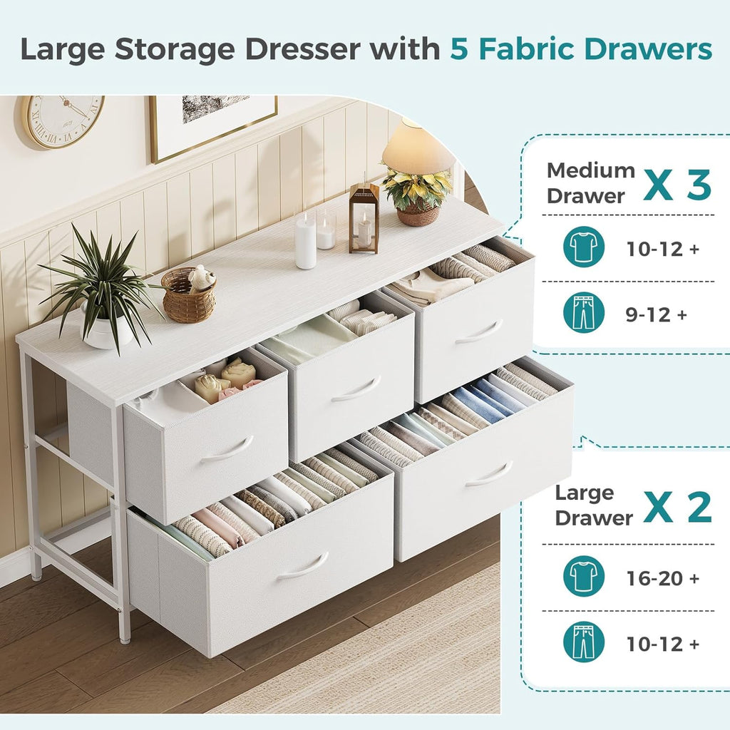 OLIXIS Dresser for Bedroom with 5 Drawers, Wide Chest of Drawers, Fabric Bedroom Dresser with Drawer Organizers, Storage Organizer Unit with Fabric Bins for Closet, Living Room, Hallway,White