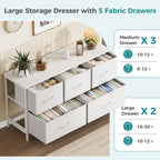 OLIXIS Dresser for Bedroom with 5 Drawers, Wide Chest of Drawers, Fabric Bedroom Dresser with Drawer Organizers, Storage Organizer Unit with Fabric Bins for Closet, Living Room, Hallway,White