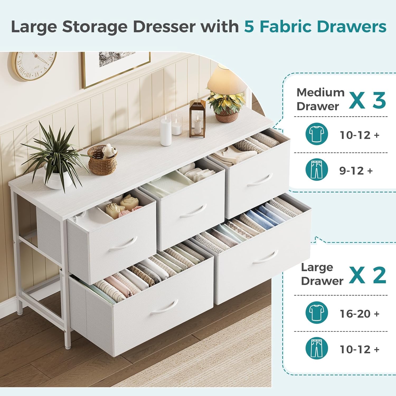 OLIXIS Dresser for Bedroom with 5 Drawers, Wide Chest of Drawers, Fabric Bedroom Dresser with Drawer Organizers, Storage Organizer Unit with Fabric Bins for Closet, Living Room, Hallway,White