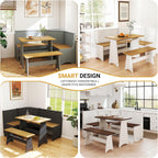 Breakfast Nook Set 3-4 Seat L-Shaped with Hidden Storage - Space Saving Corner Kitchen Dining Table & Bench Set - Farmhouse Family Home White Brown Wood