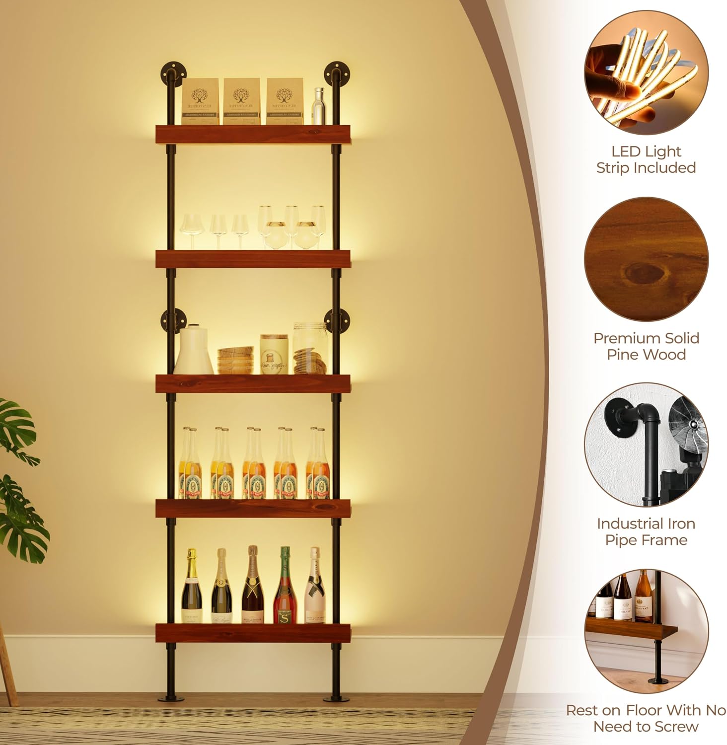 Industrial Bar Shelves, Wine Rack Wall Mounted, Walnut, 24 Inch | solid pinewood, industrial iron pipe, 5 tier, 30 lbs per shelf, with LED light, for kitchen, bar, cellar
