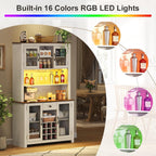70.9” Kitchen Pantry Cabinet, Farmhouse Rustic Buffet Hutch with LED Lighting and Power Outlets, Large Food Pantry Cabinet with Doors and Adjustable Shelves, Storage Cabinet with Wine Rack for Kitchen