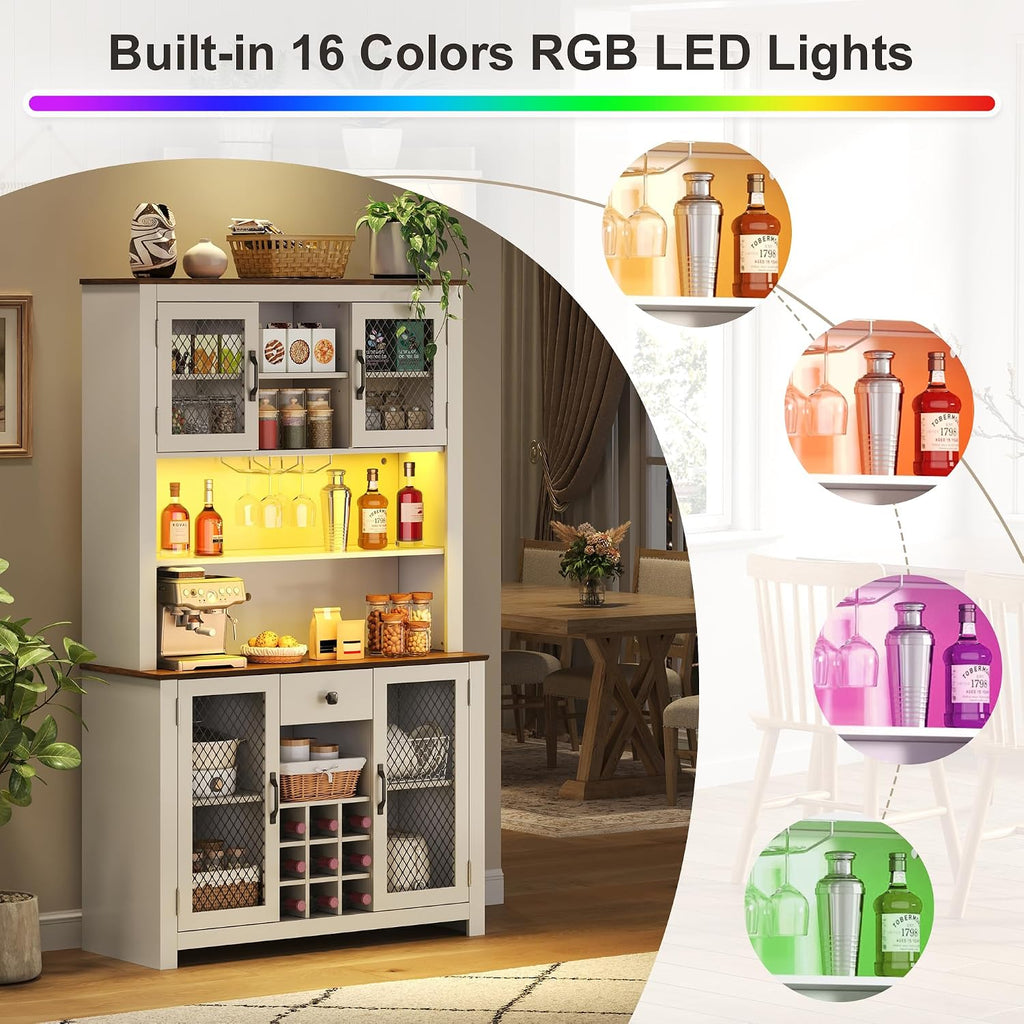 70.9" Farmhouse Kitchen Hutch Cabinet with Charging Station, 2 AC Outlets & 2 USB Ports, Built-in Wine Rack for 9 Bottles, Stemware Holder & LED Light, Freestanding Pantry Storage Cabinet (White)