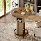 HSH Round Bar Table, 39.4" H Wood Pub Table with Storage & Metal Footrest, Modern Industrial Bar Height Bistro Cocktail Table for Coffee Bar, Kitchen Dining Room, Small Space, Rustic Oak, 2PCS