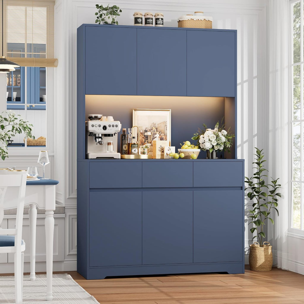 FINETONES 71" Pantry Cabinet with Power Outlets and Led Lights, Large Kitchen Hutch Storage with Microwave Stand, Tall Pantry Kitchen Cabinet with Cupboard, Blue