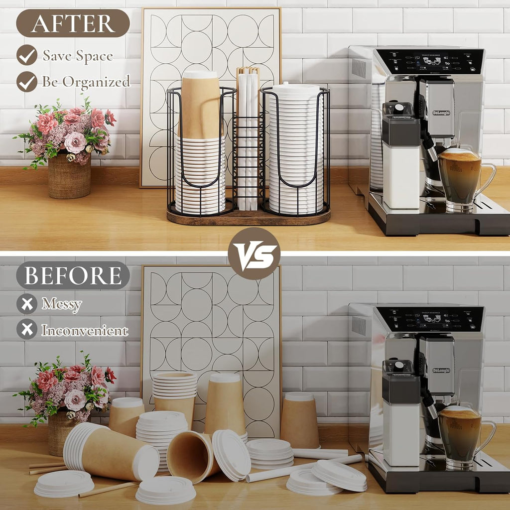 Coffee Cup Holder 18oz 3-Compartment Paper Cup Dispenser Rack with Wood Base - Disposable Cup, Straw & Lid Organizer 3-in-1 Storage for Countertop, Coffee Bar, Kitchen, Office