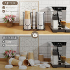 Coffee Cup Holder 18oz 3-Compartment Paper Cup Dispenser Rack with Wood Base - Disposable Cup, Straw & Lid Organizer 3-in-1 Storage for Countertop, Coffee Bar, Kitchen, Office