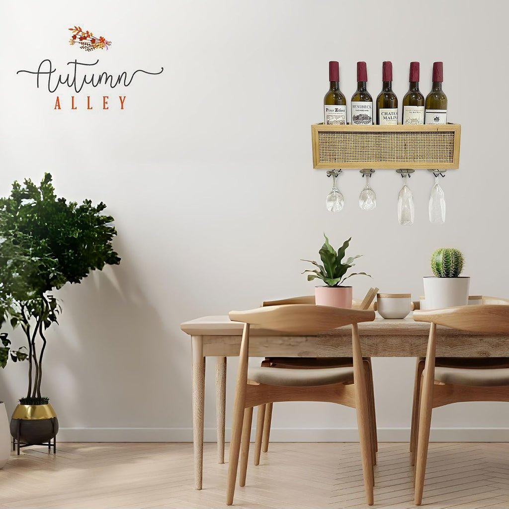 Autumn Alley Wall Mounted Wine Rack - Wine Glass Holder with Natural Rattan Caning - Boho Wine Bottle Holder Hanging for Home, Kitchen, Dining Room,Bar, Wood and Rattan Wall Decor