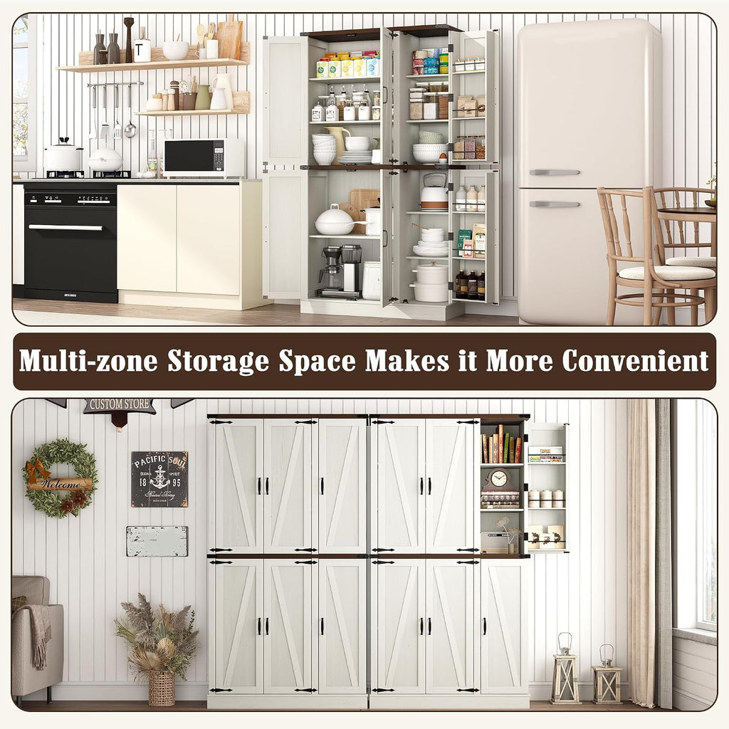 chartustriable 71in Farmhouse Kitchen Pantry Cabinet,Freestanding Tall Storage Cabinet with 6 Barn Doors,Organizer,Rustic Wood Storage Cabinets for Kitchen,Dining Room,Bathroom(White)