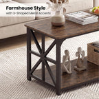 Giantex Farmhouse Coffee Table, 43" Center Table with Storage & X-Shaped Frames, 2-Tier Modern Accent Cocktail Tea Table, Rectangular Wooden Living Room Tables for Small Spaces, Rustic Brown