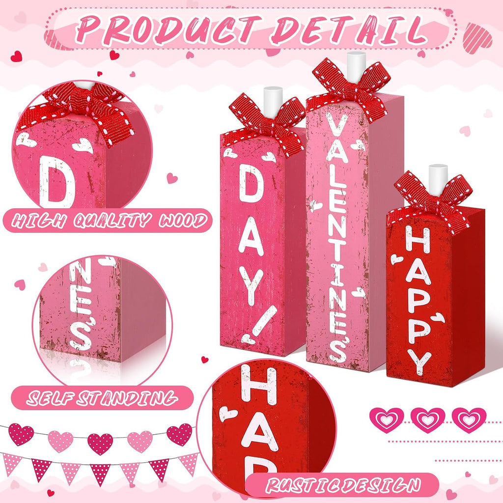 Redbaker 3 Pcs Valentine's Day Decorations for Home Wooden Block Sign Happy Valentines Day Table Decor Rustic Farmhouse Red Pink Centerpieces for Tiered Tray Wedding Mother Party Shelf Mantel Favor