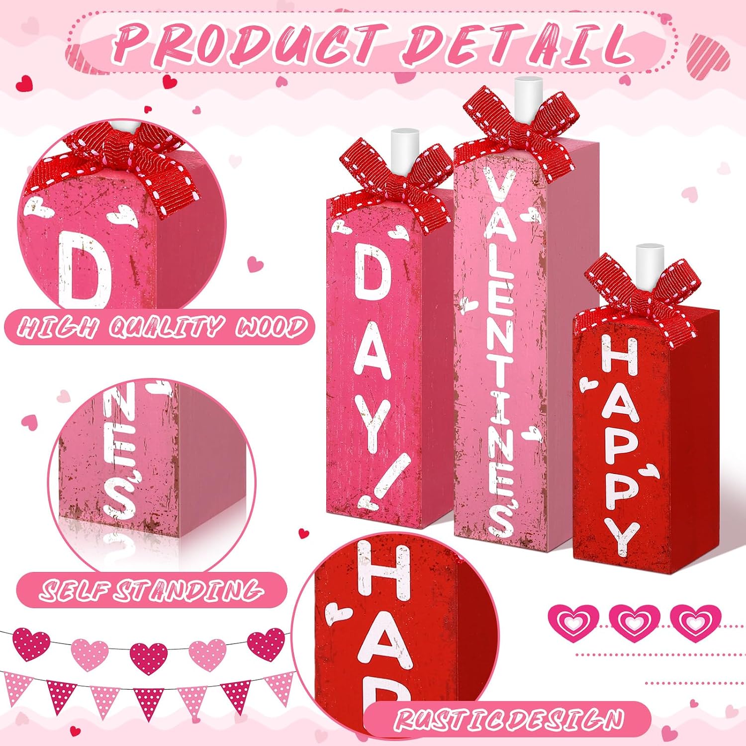 Redbaker 3 Pcs Valentine's Day Decorations for Home Wooden Block Sign Happy Valentines Day Table Decor Rustic Farmhouse Red Pink Centerpieces for Tiered Tray Wedding Mother Party Shelf Mantel Favor