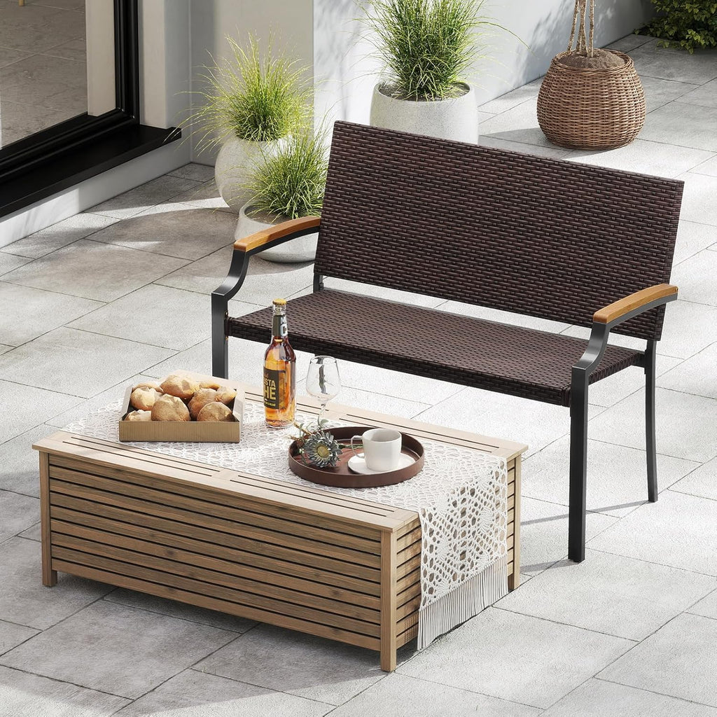 Tangkula Stackable Patio Wicker Loveseat Bench, 2-Person Rattan Outdoor Bench with Acacia Wood Armrests & Metal Frame, Rattan Conversation Furniture for Backyard, Garden, Balcony, Porch (1,Mix Brown)