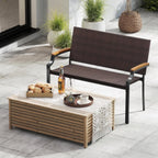 Tangkula Stackable Patio Wicker Loveseat Bench, 2-Person Rattan Outdoor Bench with Acacia Wood Armrests & Metal Frame, Rattan Conversation Furniture for Backyard, Garden, Balcony, Porch (1,Mix Brown)