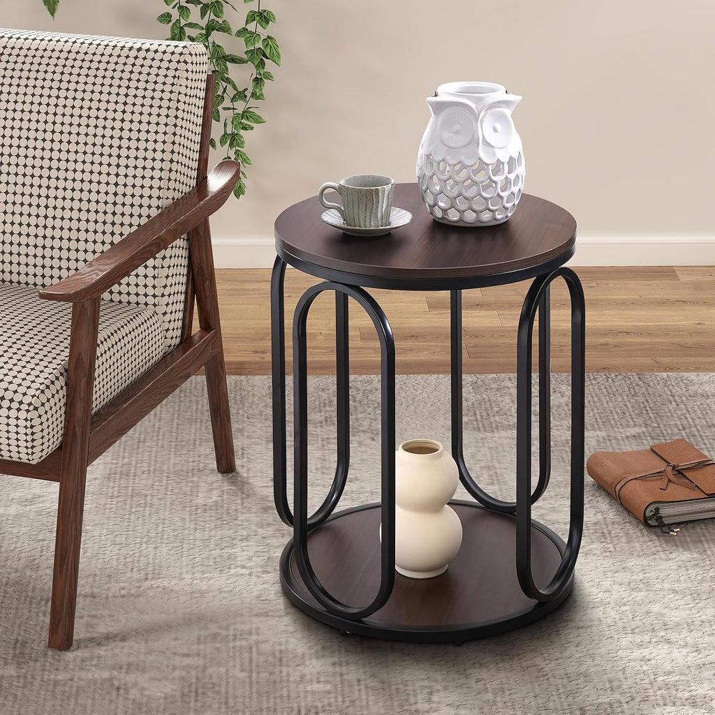 BECHAEO Small Side Table 19.7", 2-Tier Round Bedside Table with Storage, Wood Industrial Design End Tables for Living Room, Bedroom, Office, Bathroom, Dark Coffee