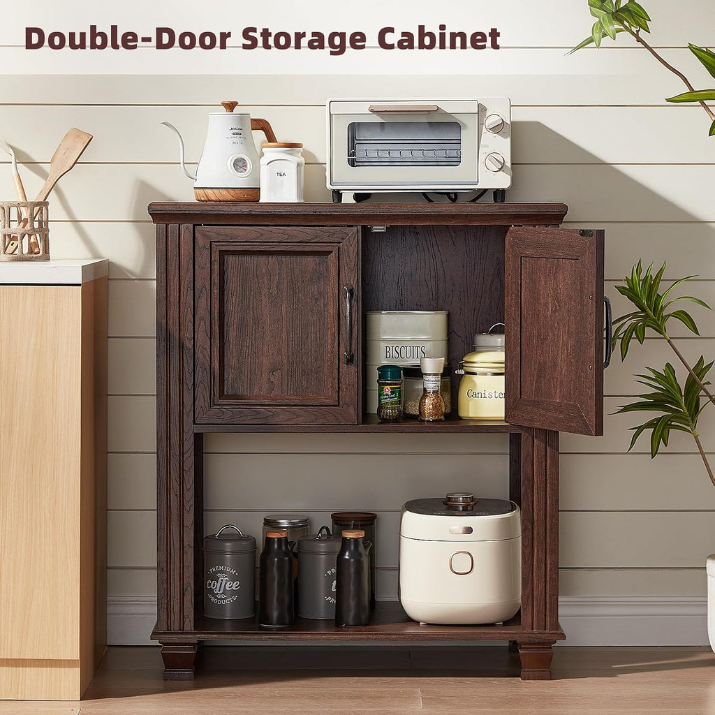 SAVOR LIFE Farmhouse Coffee Bar Table with 2-Door Cabinet, Kitchen Storage Cabinets with Open Shelf, Coffee Station for Dining Room, Kitchen, Hallway, Living Room, Walnut
