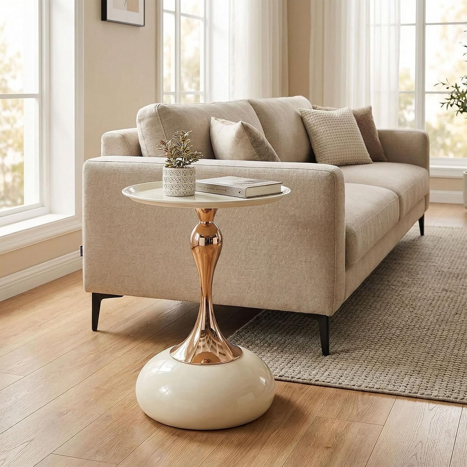 Elegant Modern Side Table Unique Hourglass Design Ideal for Living Rooms, Cafes, Dining Rooms, Bedrooms, and Outdoors Corner Round End Table (1 Set, White)