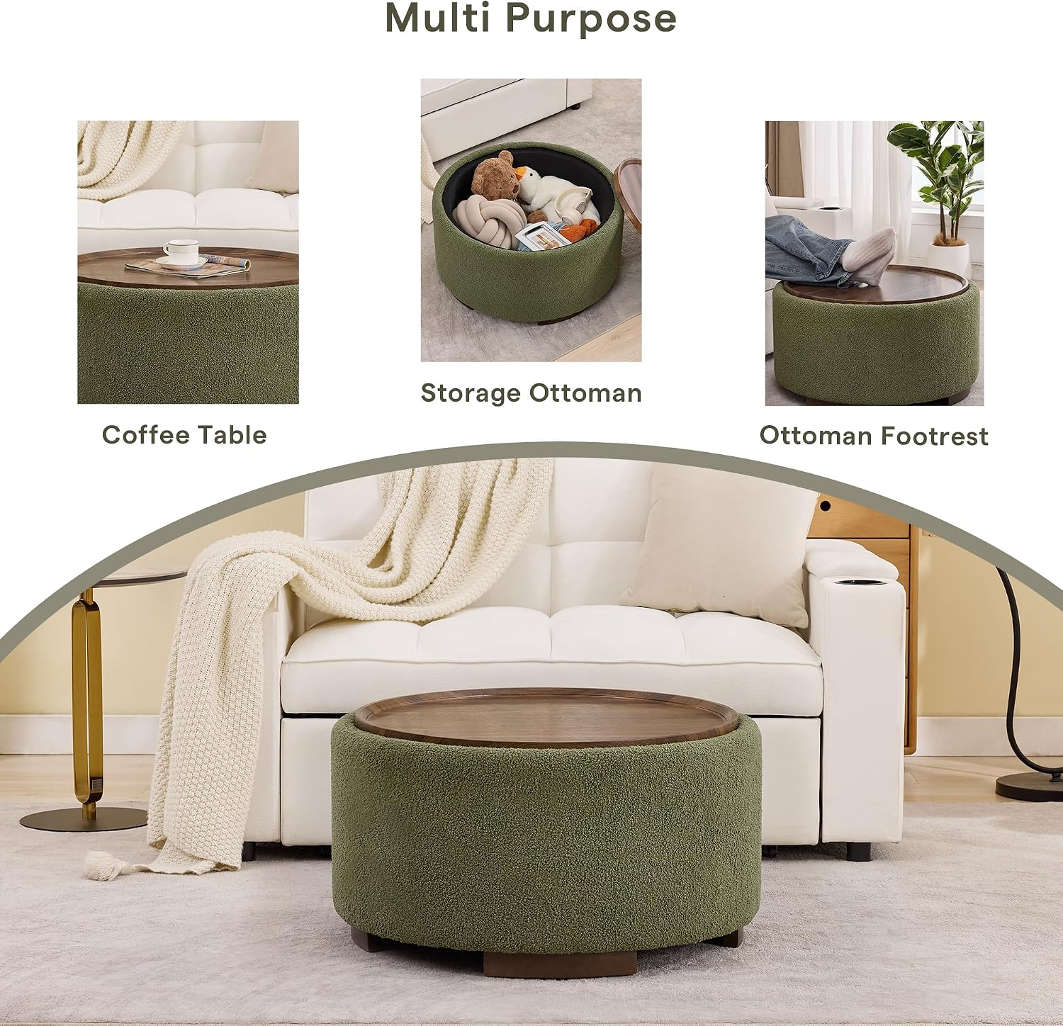 29.5 Inch Round Storage Ottoman Coffee Table,Modern Circle Coffee Table with Storage with Removable Lid Top and Solid Wood Legs,Large Round Ottoman for Bedroom,Living Room,Teddy Fleece,Green