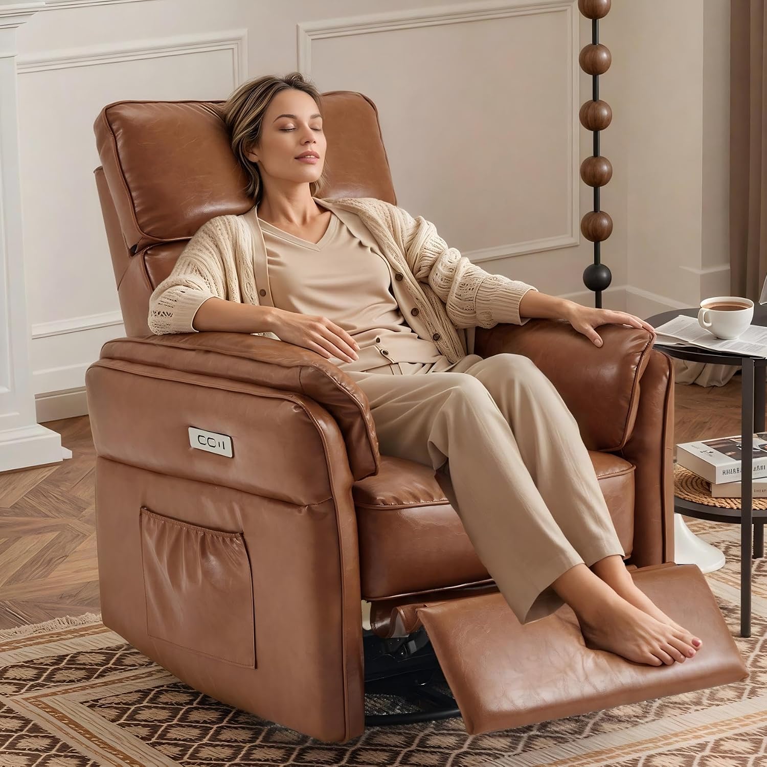 MELLCOM Power Recliner Rocking Chair with Adjustable Arms and Headrest, Swivel Electric Glider Reclining Nursing Chair Nursery Gliders with USB Port and Storage Bags, FSC Certified(Leather, Brown)