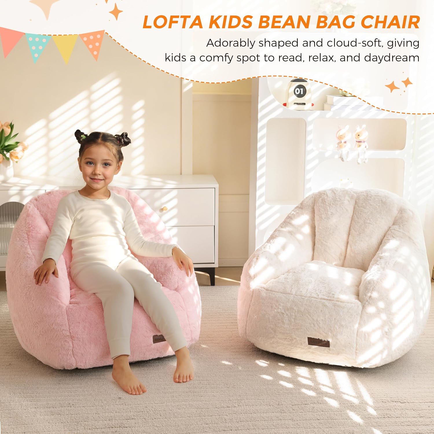 MAXYOYO Kids Bean Bag Chair, Comfy Bean Bag Sofa with Back Support, Faux Fur Cute Chair for Boys and Girls, Stuffed Floor Sofa for Nursery, Bedroom, Beige