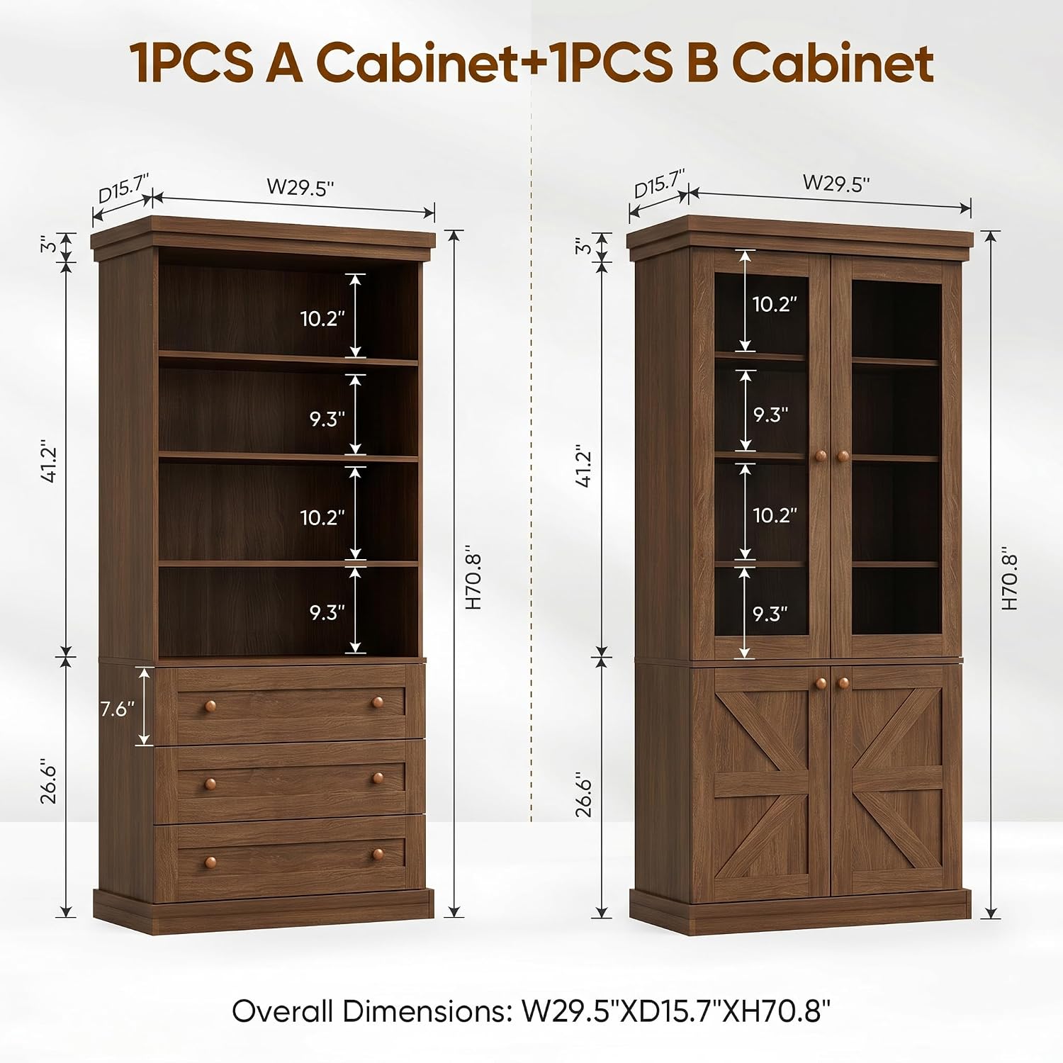 Vyre 71" Tall Farmhouse Kitchen Pantry, Set of 3 Large Storage Cabinets with Glass Doors, Hutch Cabinet with Drawers, Adjustable Shelves for Living Room, Dining Room, Dark Brown