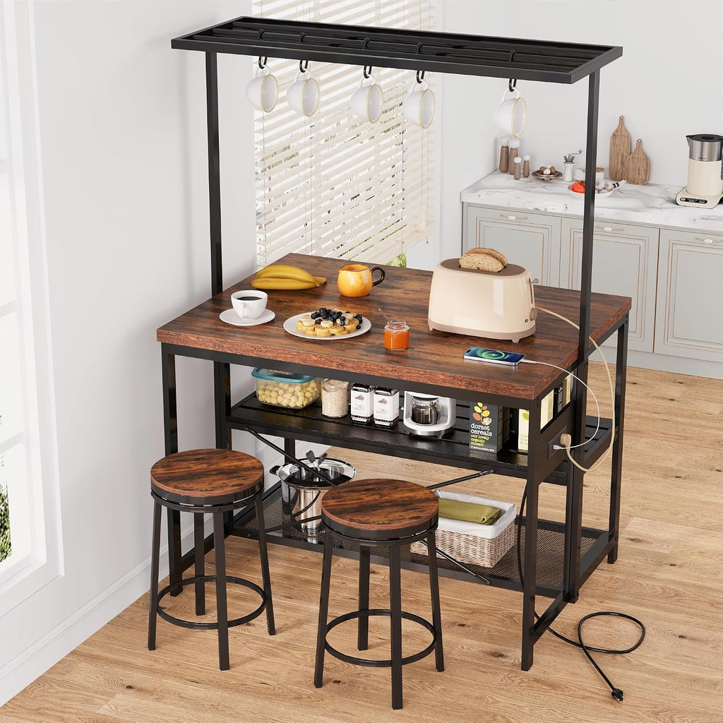 47" Kitchen Island with Storage and Power Outlet - 3-Tier Bakers Rack Microwave Stand, Industrial Coffee Bar Table with Built-in 4-Outlet Power Hub, 5 Hanging s-Hooks & Open Tiered Shelves for Dining