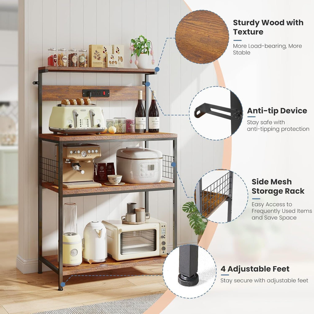 DUMOS Kitchen Bakers Rack with Power Outlet, 23.6-Inch Microwave Oven Stand, Coffee Bar Station with 3-Tier Adjustable Storage Shelf, Small Appliance Organizer for Spices, Pots and Pans, Brown