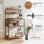 DUMOS Kitchen Bakers Rack with Power Outlet, 23.6-Inch Microwave Oven Stand, Coffee Bar Station with 3-Tier Adjustable Storage Shelf, Small Appliance Organizer for Spices, Pots and Pans, Brown