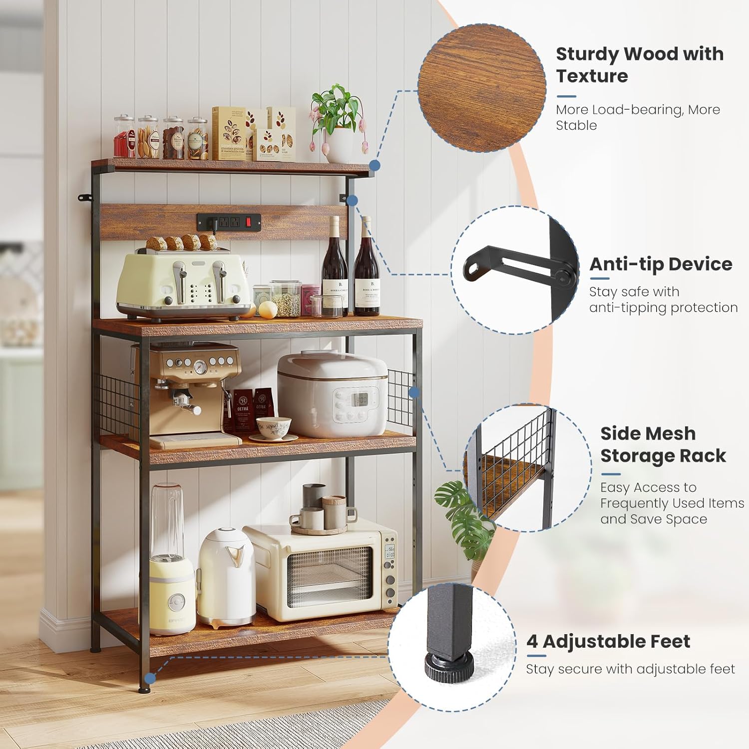DUMOS Kitchen Bakers Rack with Power Outlet, 23.6-Inch Microwave Oven Stand, Coffee Bar Station with 3-Tier Adjustable Storage Shelf, Small Appliance Organizer for Spices, Pots and Pans, Brown