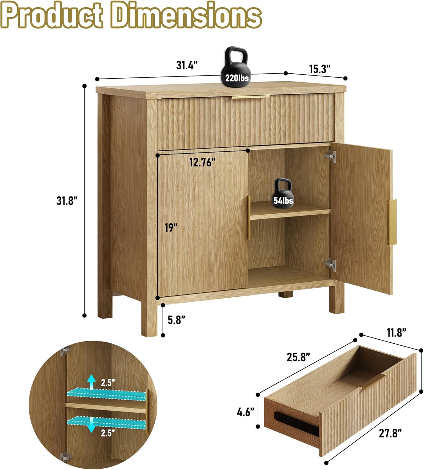 Fluted 55'' Sideboard Cabinet with Drawers,Large Storage Buffet 4 Doors and 2 Drawers Coffee Bar Console Table Storage for Dinning Room, Kitchen, Living Room (WOOD-32'')