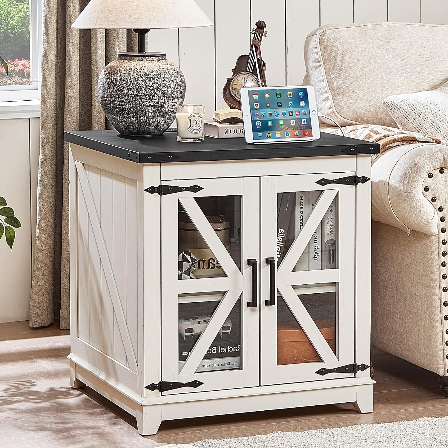 Joaxswe Farmhouse End Table Set 2, Narrow 18'' Night Stand with Glass Barn Door, 24" Square Side Table with Charger Station, Living Room Furniture Sets, Wood Nightstand Bedside Tables for Bedroom