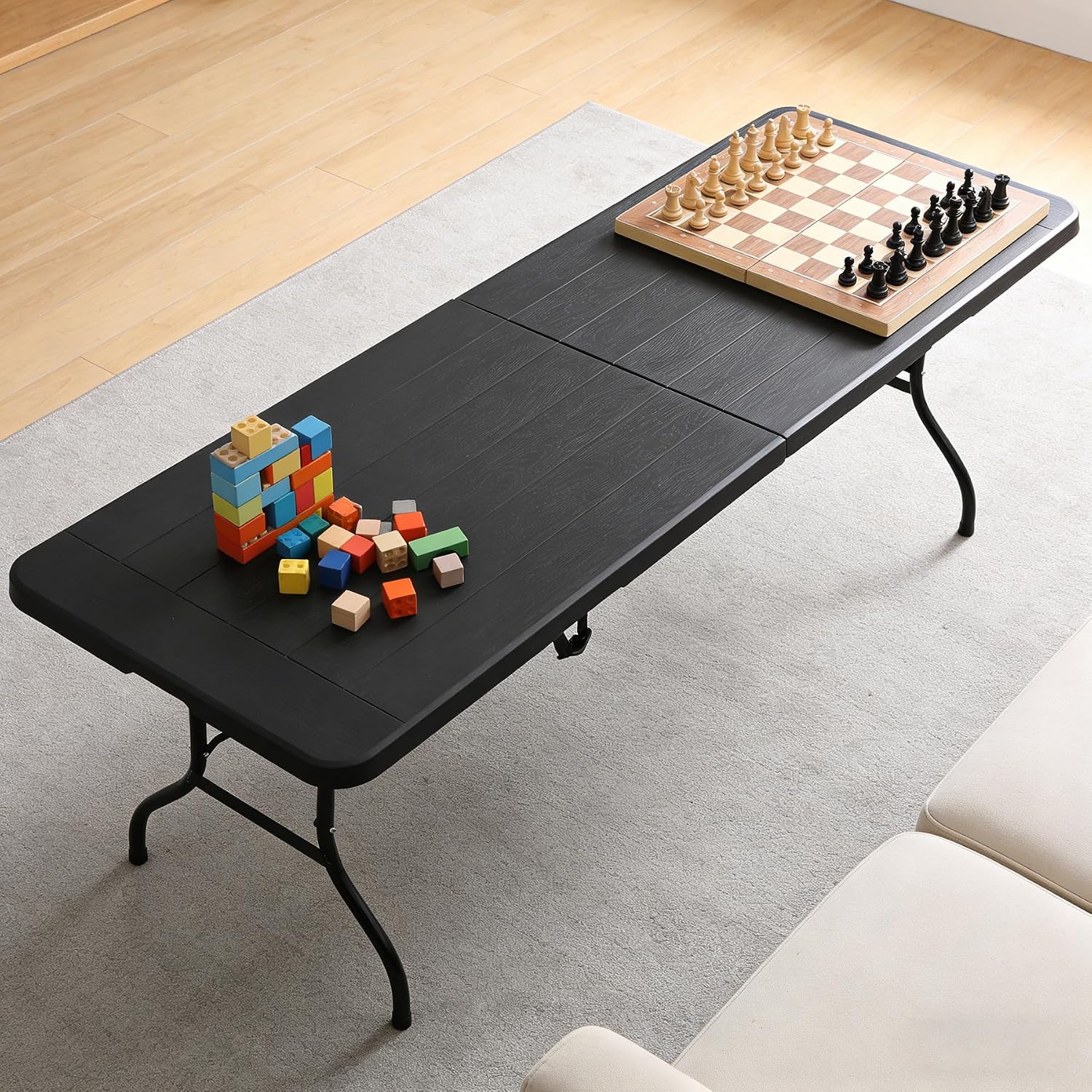 Folding Event Table, Heavy Duty Picnic Table Indoor Outdoor Camping, 8FT Portable w Handle Lock for Banquet, Black