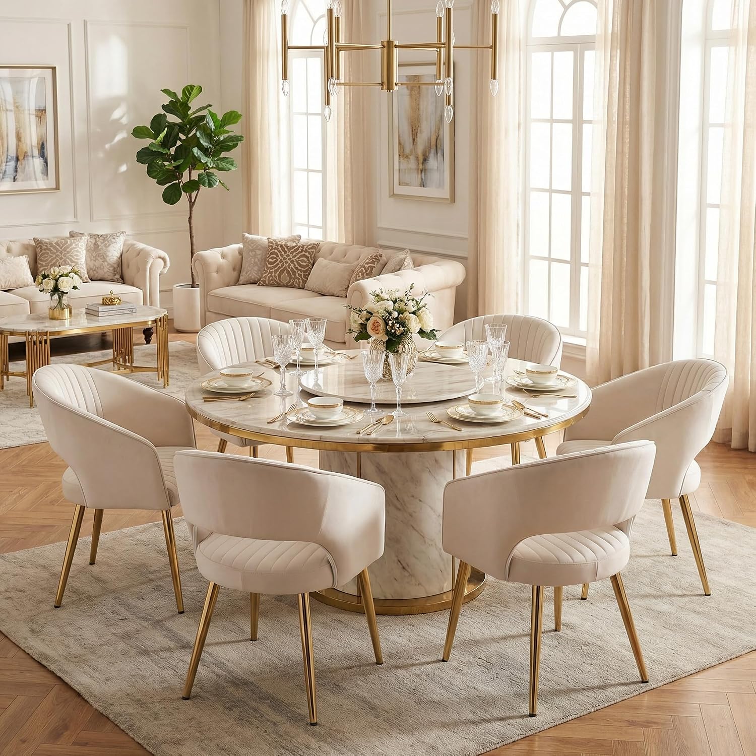 Modern Dining Chairs Set of 6, Upholstered PU Leather Dining Room Chairs with Gold Metal Legs, Accent Kitchen Chairs with Curved Backrest for Living Room, Cream