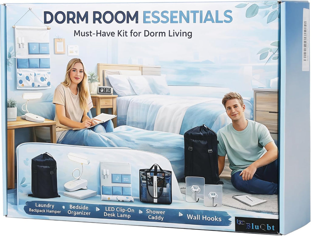 Dorm Room Essentials Set, 5-Piece College Dorm Essentials Kit for Girls & Guys, Laundry Backpack Hamper, Shower Caddy, Bedside Organizer, LED Light, Removable Wall Hooks